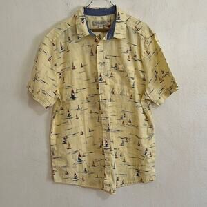Island Republic Light Yellow Short Sleeve Button Down Sail Boat Print Shirt XL